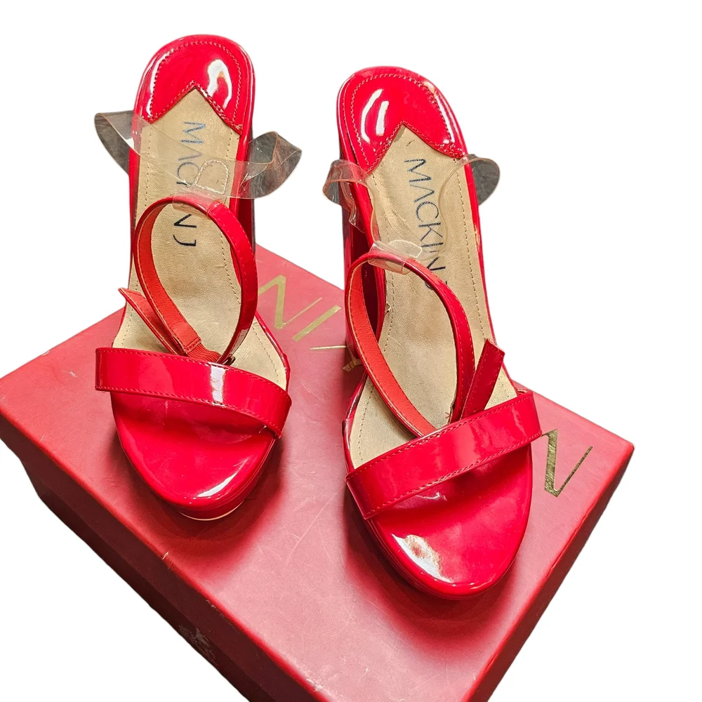Mackin J Red Patent Open Toe Ankle Strapped Platform Chunky Heels Size 8